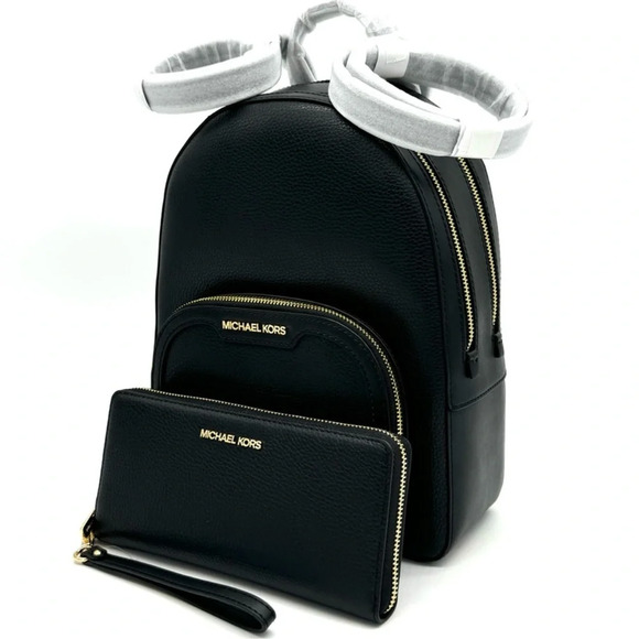 Michael Kors Medium Jaycee Backpack & Large Continental Wallet Black/Gold - Picture 1 of 14